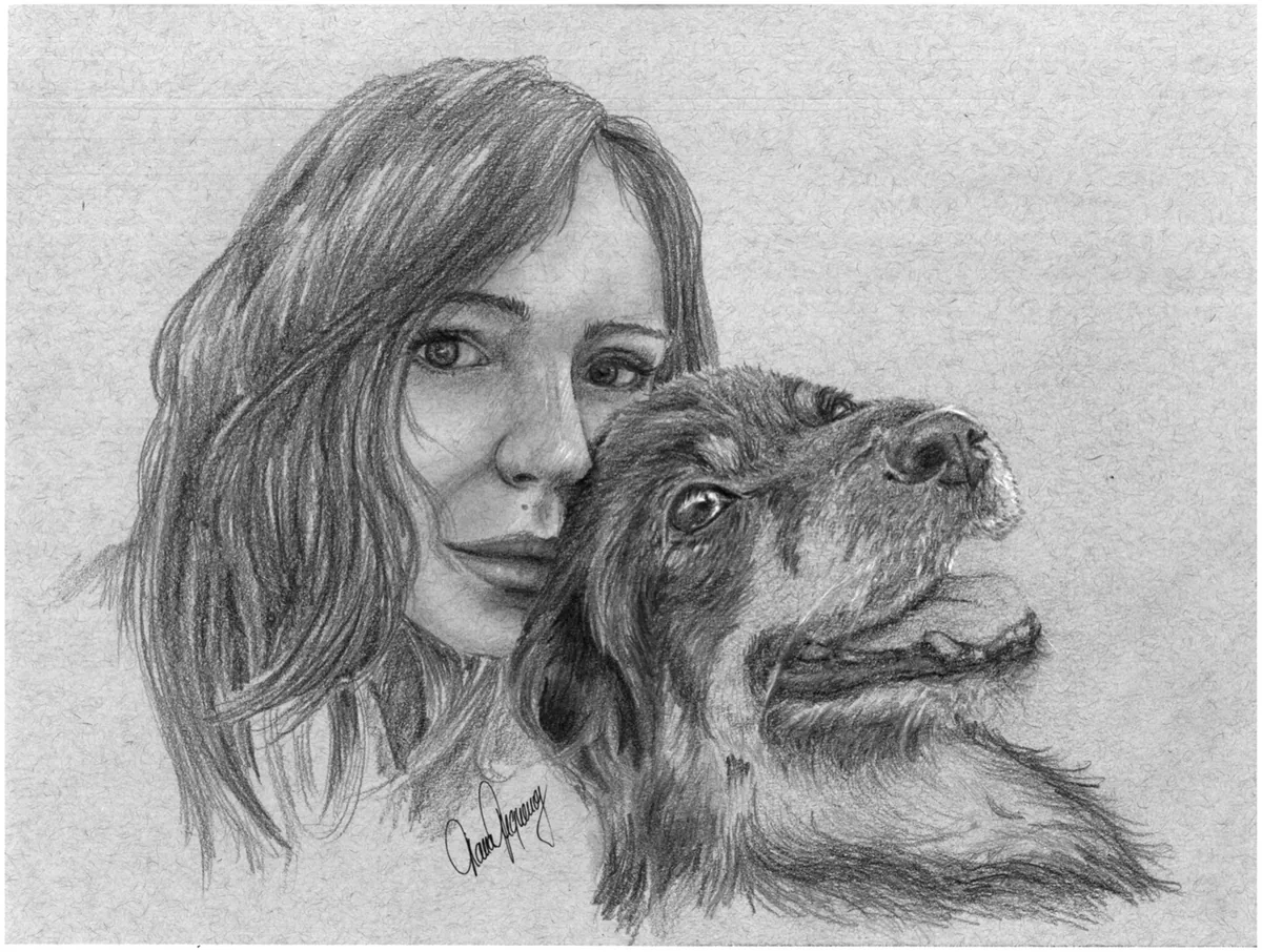 Diana und Ari, Wange an Wange, Portrait mit Signatur