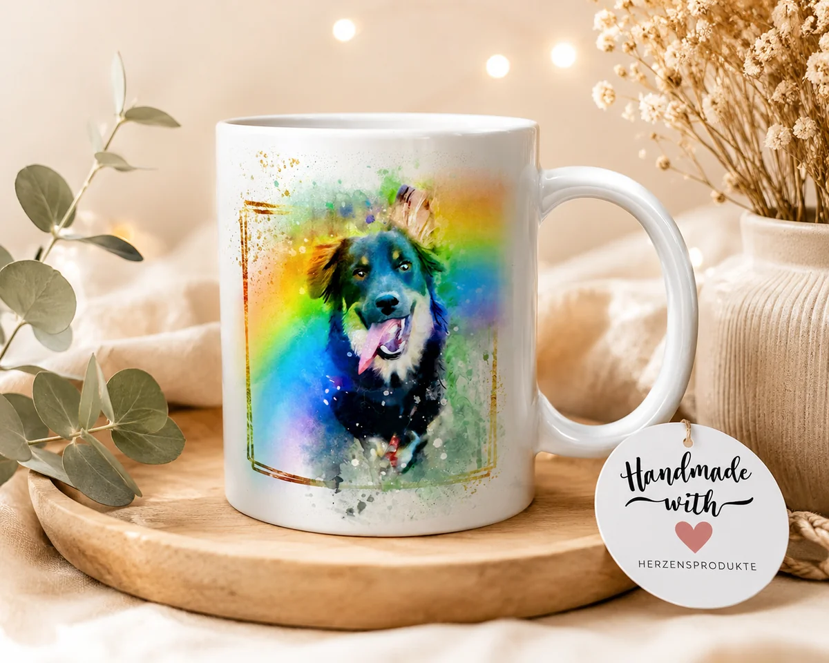 Fertige Tasse mit am PC gezeichnetem Watercolour-Portrait, Vorderseite